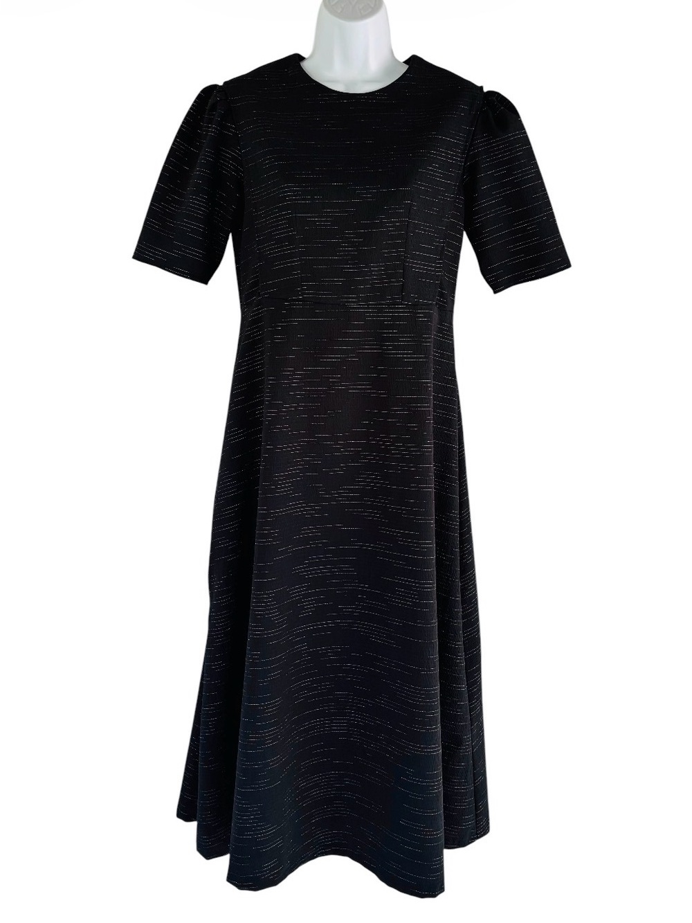 1970s Black Short Sleeve A-Line Midi Dress in Black Poly and Silver Striations M